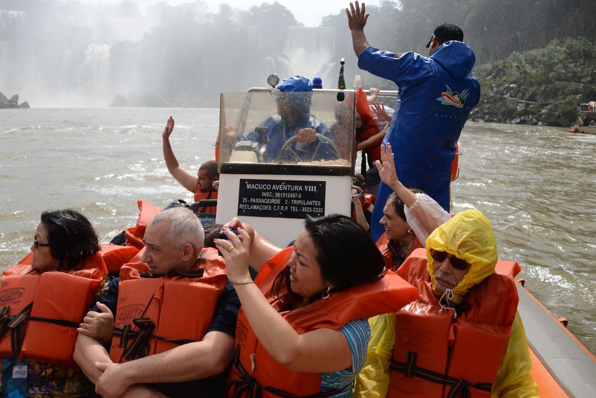 21 Waving To The Other Tourist Boats From The Brazil Iguazu Falls Boat Tour